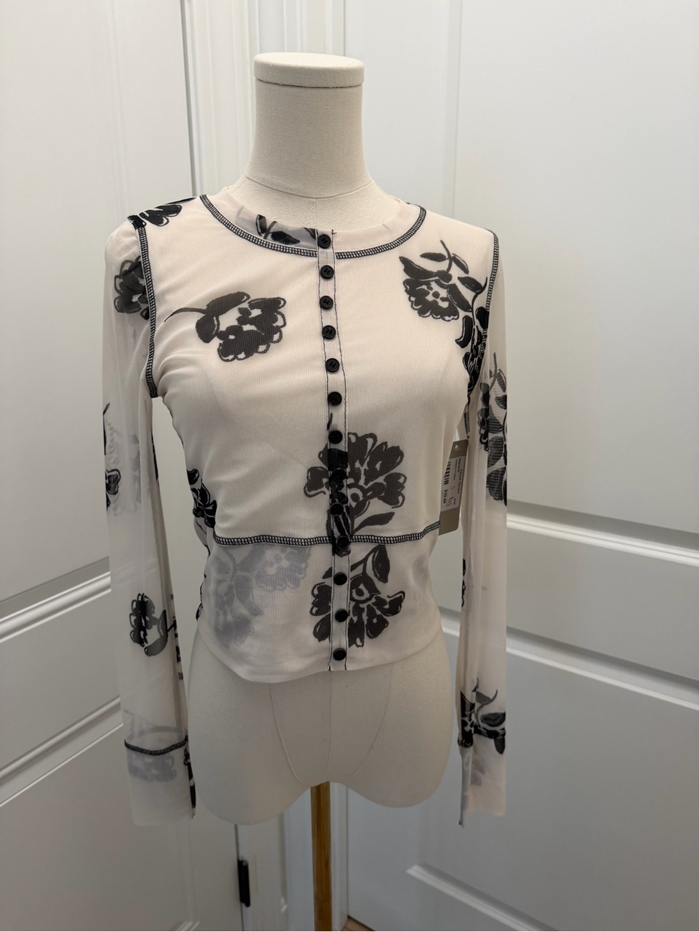 Semi Sheer Floral Button-Front Long Sleeve Top - Ivory & Black